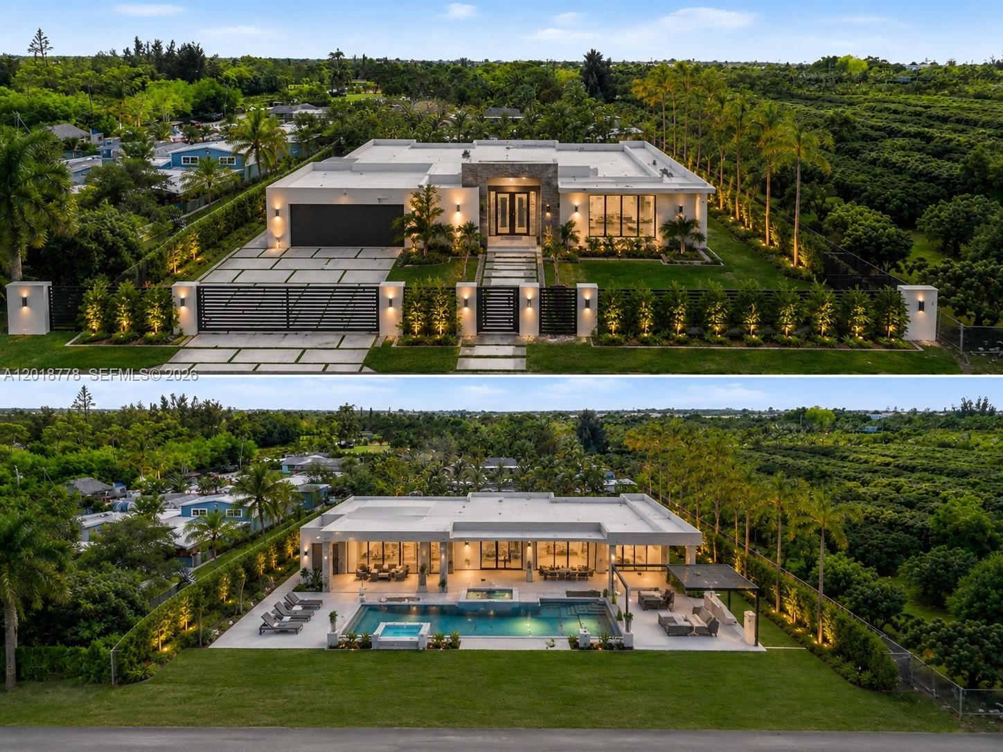 An aerial view shows a modern single-story house with a pool and landscaped yard — 23600 SW 122 AVE, Miami FL 33032, MIAMI, FL