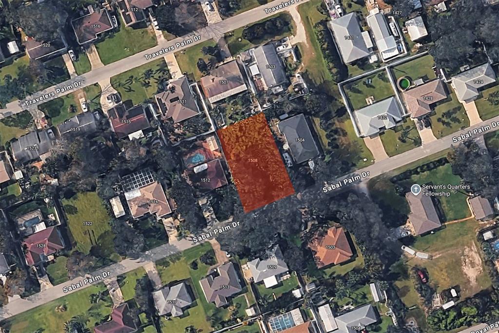 This is an aerial map view of a residential neighborhood highlighting a vacant lot — 1508 SABAL PALM DR, EDGEWATER, FL