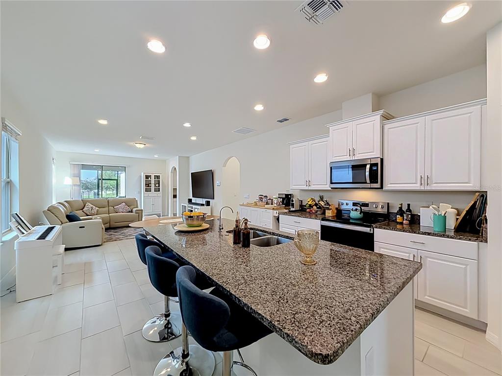 A kitchen with granite countertops and white cabinets opens into a living room area — 11117 BOSTWICK ALLEY, WINTER GARDEN, FL