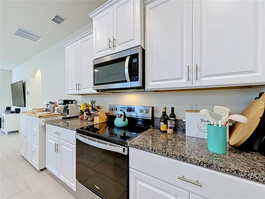 A kitchen features white cabinets, granite countertops, and stainless steel appliances — 11117 BOSTWICK ALLEY, WINTER GARDEN, FL