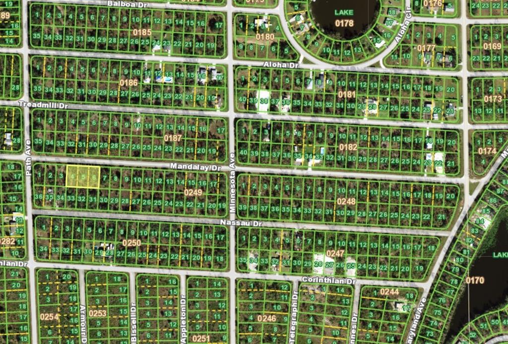 This is a map showing residential property lots and street layouts in a neighborhood — 27301 MANDALAY DRIVE, PUNTA GORDA, FL