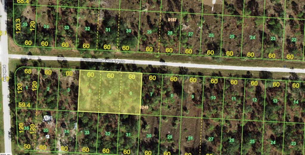 This is a map showing a grid of residential land parcels along a road — 27301 MANDALAY DRIVE, PUNTA GORDA, FL