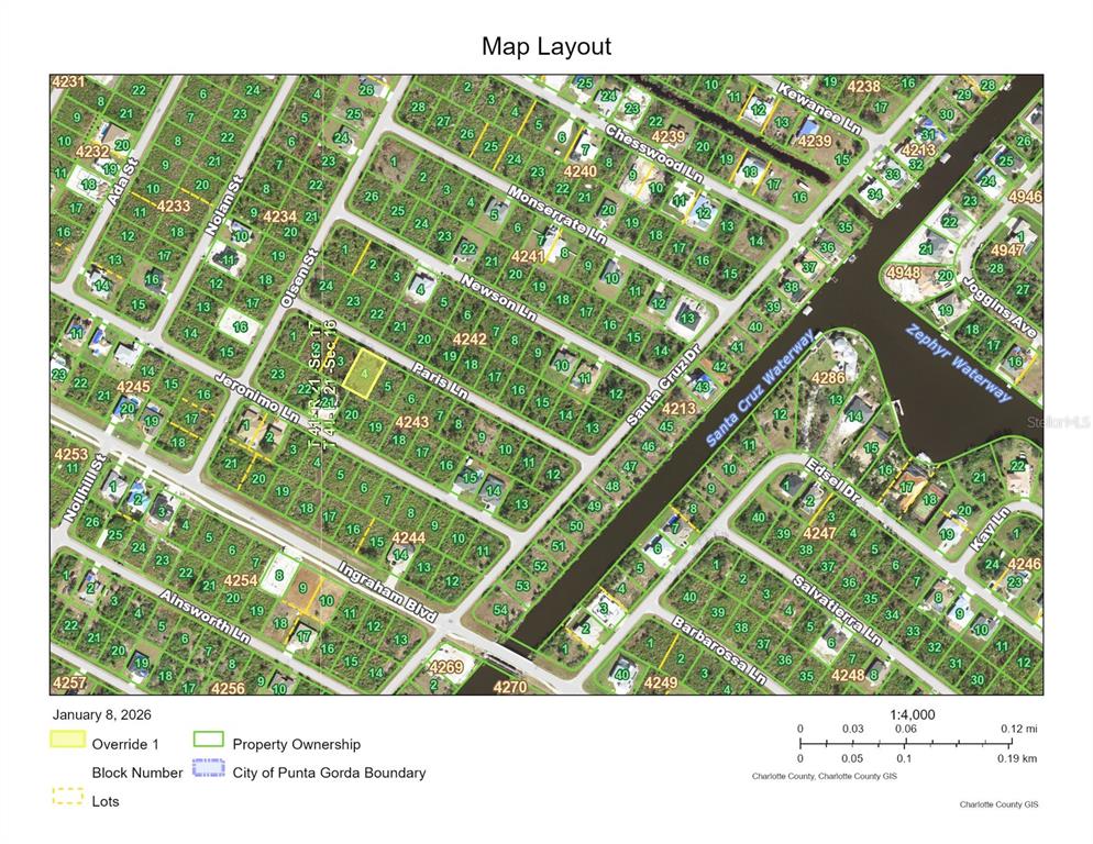 This is a property ownership map showing lot numbers and street names in a neighborhood — 14025 PARIS LANE, PORT CHARLOTTE, FL