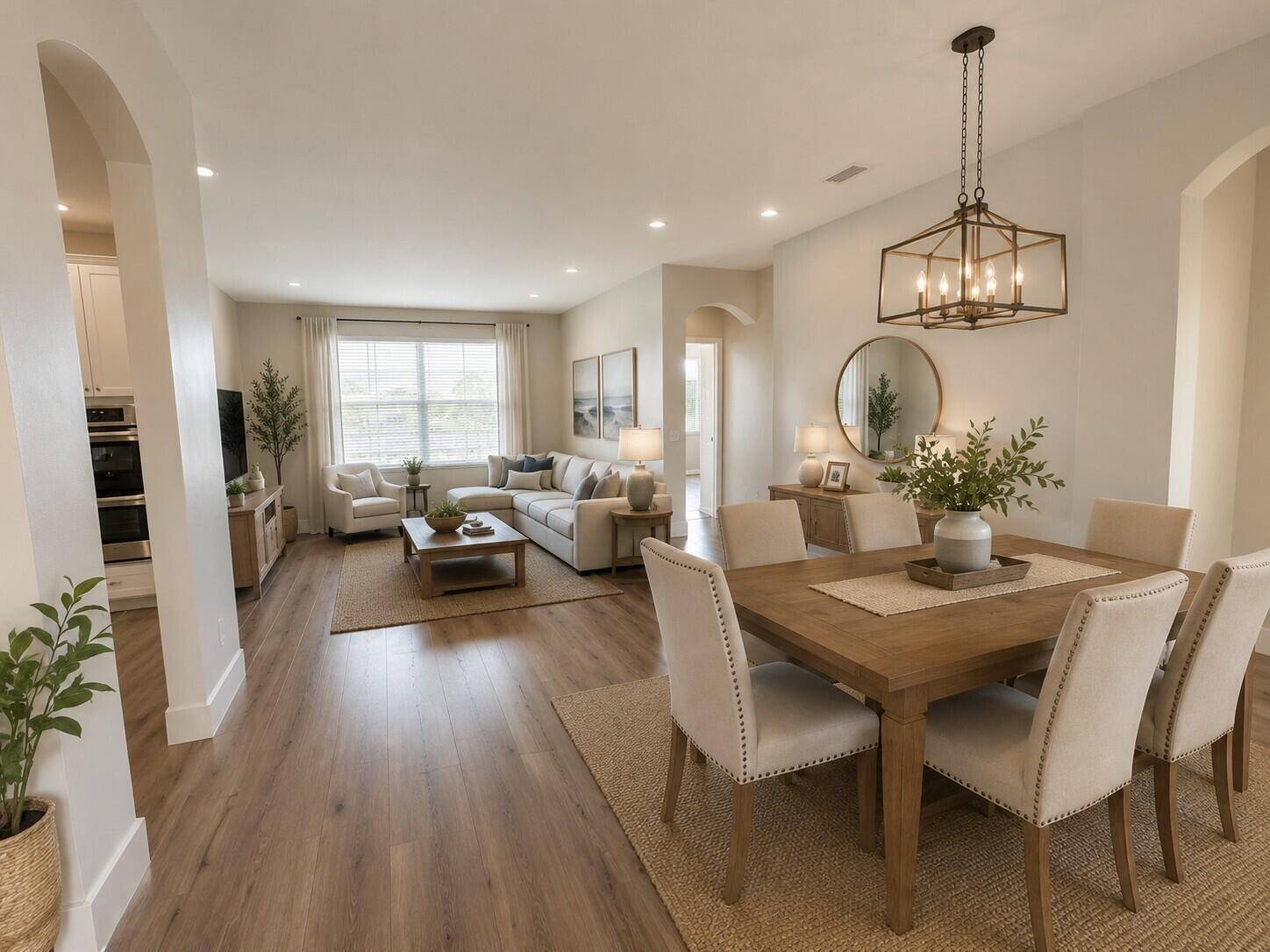 An open-concept living and dining area features light wood floors, neutral furniture, and a chandelier — 6075 46th Lane, Vero Beach FL 32967, VERO BEACH, FL