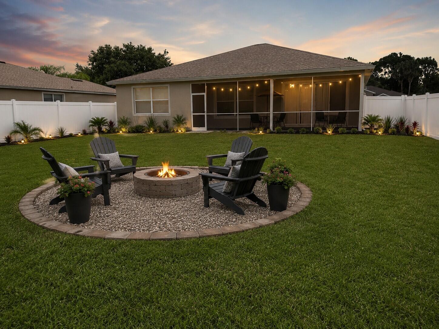 A backyard features a circular gravel fire pit area with four chairs and a screened patio — 6075 46th Lane, Vero Beach FL 32967, VERO BEACH, FL