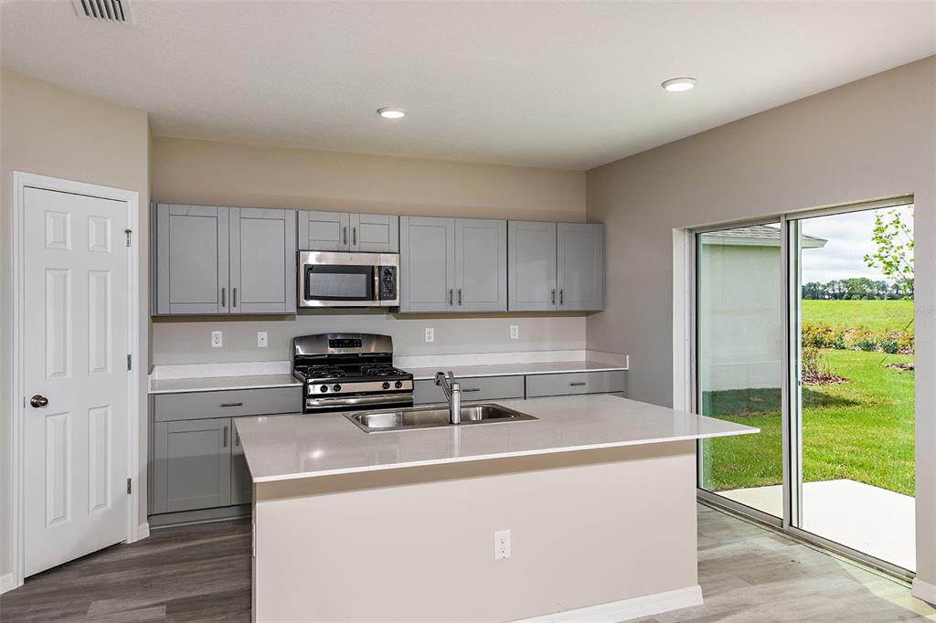 A kitchen features gray cabinets, stainless steel appliances, a quartz island, and a sliding glass door — 35433 ARBOR RETREAT DRIVE, DADE CITY, FL