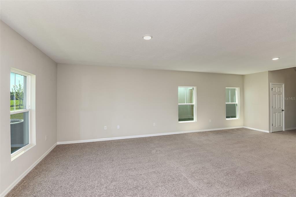 A spacious, carpeted room with neutral walls, multiple windows, and a white interior door — 35433 ARBOR RETREAT DRIVE, DADE CITY, FL