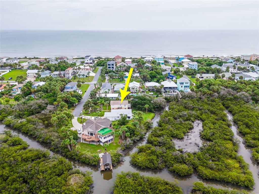An aerial view shows a coastal house with a yellow arrow pointing toward it — 309 CYPRESS STREET, FLAGLER BEACH, FL