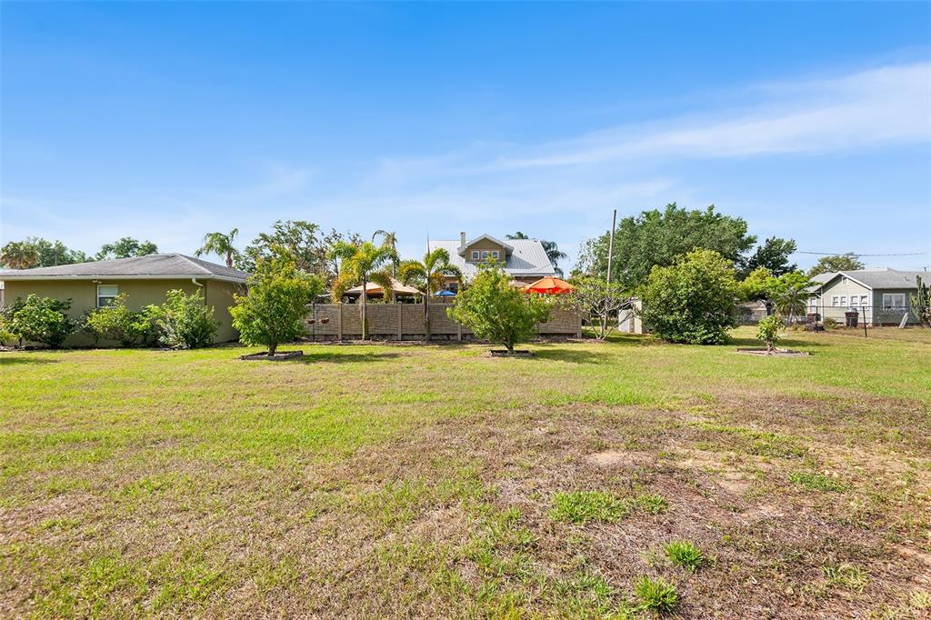 A grassy backyard features a tan house, a fence, palm trees, and a blue sky — 501 MAIN STREET, LAKE HAMILTON, FL