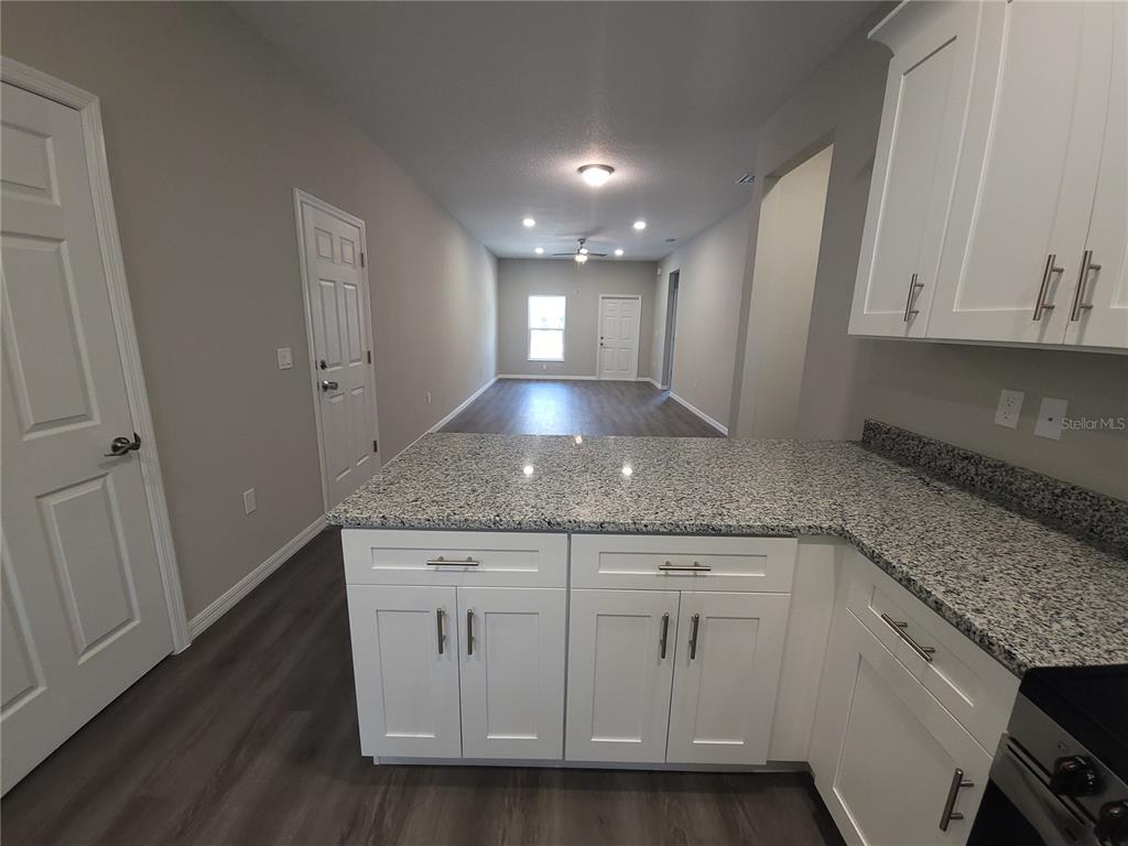 A kitchen island with granite countertops overlooks an open-concept living area with gray flooring — 5025 FINDERS COURT, TAMPA, FL