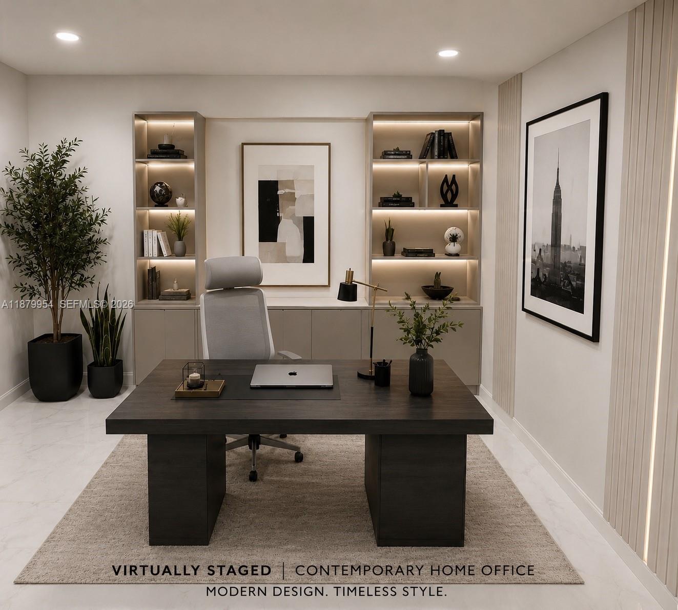 This is a virtually staged rendering of a contemporary home office with a dark desk — 4713 Holly Dr, Tamarac FL 33319, TAMARAC, FL