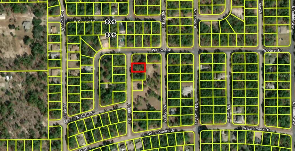 This is an aerial map showing a vacant lot highlighted in red within a neighborhood — 7627 N DALTON TERRACE, DUNNELLON, FL