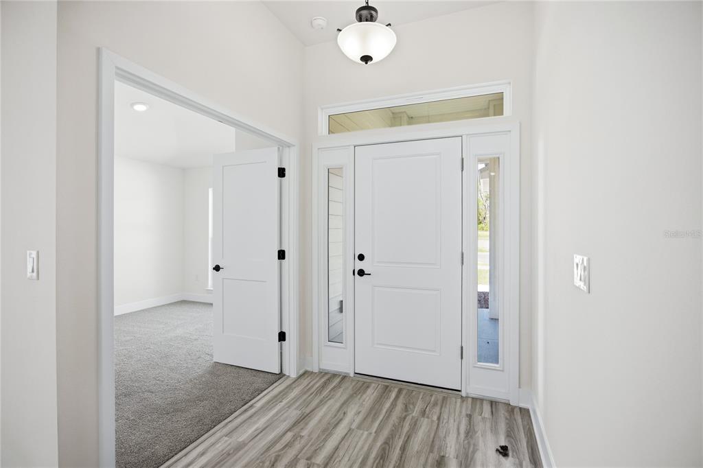 A bright entryway features a white front door, wood-look flooring, and an adjacent carpeted room — 2590 SW 250TH TERRACE, NEWBERRY, FL