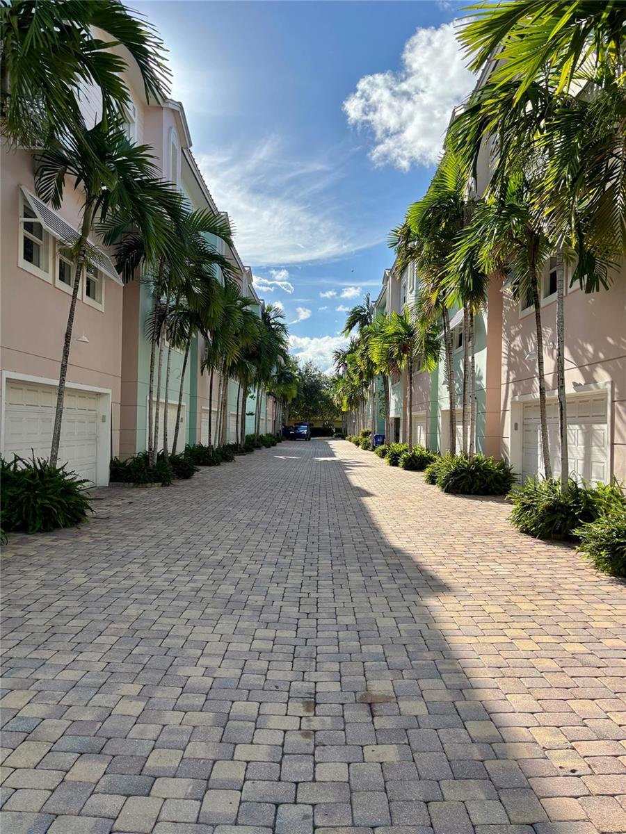 A paved driveway runs between two rows of multi-story townhomes lined with palm trees — 451 NE 1st Street # 451, Pompano Beach FL 33060, POMPANO BEACH, FL