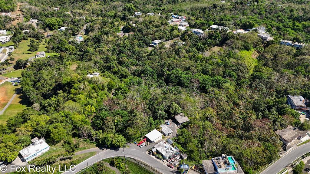 An aerial view shows a hillside landscape with scattered houses, dense trees, and paved roads — Carr. 414 KM 3.2 BO.CRUCES, AGUADA, PR