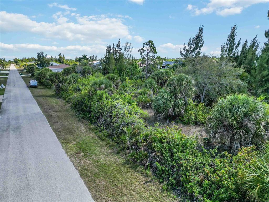 An aerial view shows a paved road running alongside a vacant, heavily wooded residential lot — 15609 MELPORT CIRCLE, PORT CHARLOTTE, FL