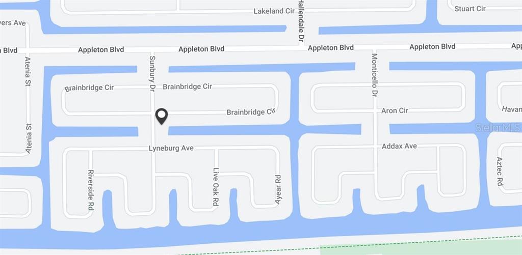 This is a map showing residential streets and waterways in a neighborhood — 10394 SUNBURY DRIVE, PORT CHARLOTTE, FL