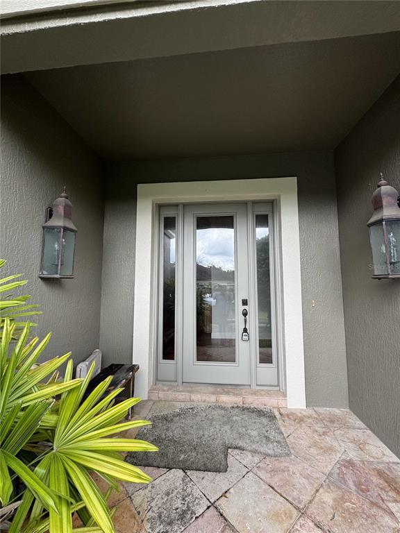 A front entryway features a gray door with sidelights, stone flooring, and two wall lanterns — 1701 SE 28TH STREET, OCALA, FL
