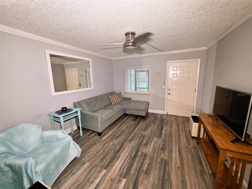 A living room features gray walls, wood-look flooring, a sectional sofa, and a ceiling fan — 1865 MAZO MANOR UNIT J3, LUTZ, FL