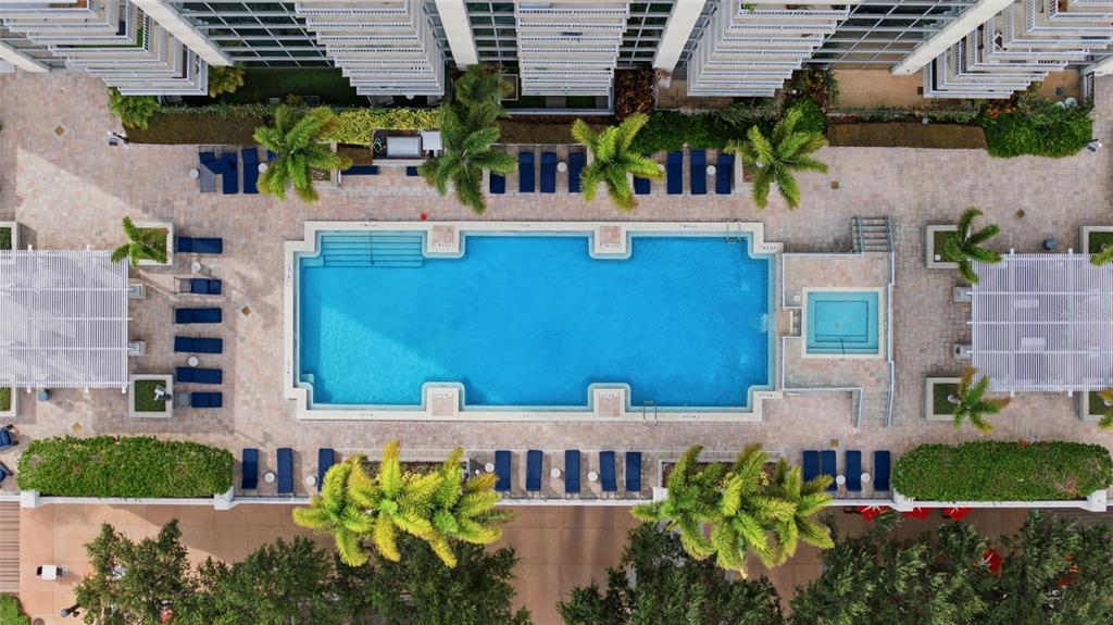 An aerial view shows a rectangular swimming pool and hot tub surrounded by lounge chairs — 777 N ASHLEY DRIVE UNIT 2613, TAMPA, FL
