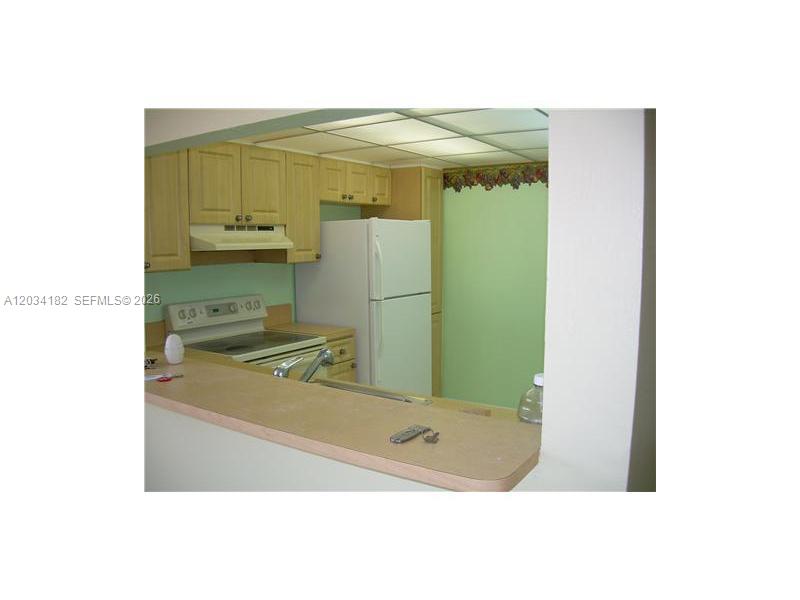 A kitchen features light wood cabinets, a white refrigerator, and a pass-through breakfast bar — 11261 SW 88 ST # 205H, Miami FL 33176, MIAMI, FL