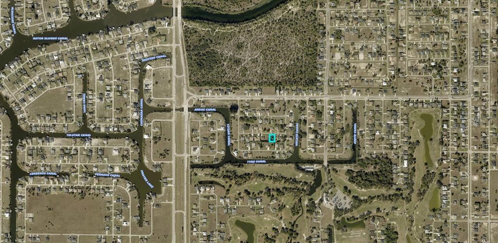This is an aerial map showing a residential neighborhood with a highlighted property lot — 2908 NW 19TH STREET, CAPE CORAL, FL