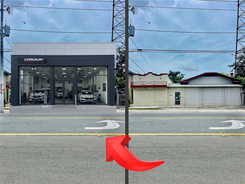 This split-view image shows a modern car dealership on the left and an older building — 3510 N NEBRASKA AVENUE, TAMPA, FL