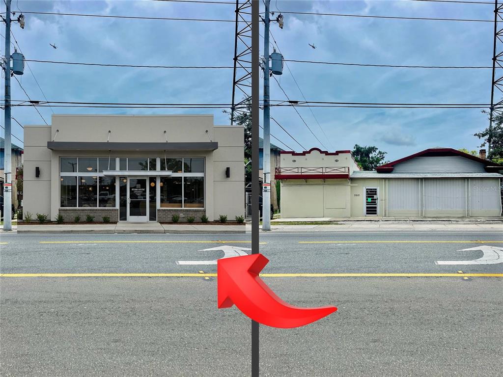 Two commercial buildings stand side-by-side along a paved road with a large red arrow — 3510 N NEBRASKA AVENUE, TAMPA, FL
