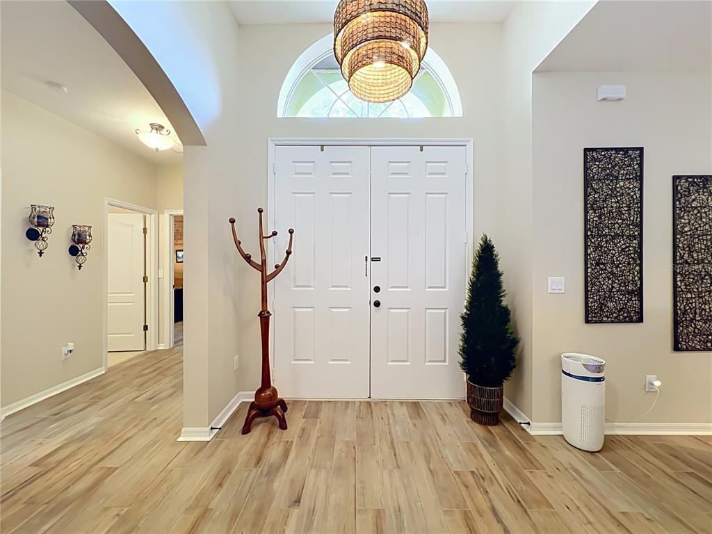 An entryway features double white doors, a wood-look floor, and a large beaded pendant light — 527 AZALEA BLOOM DRIVE, APOPKA, FL