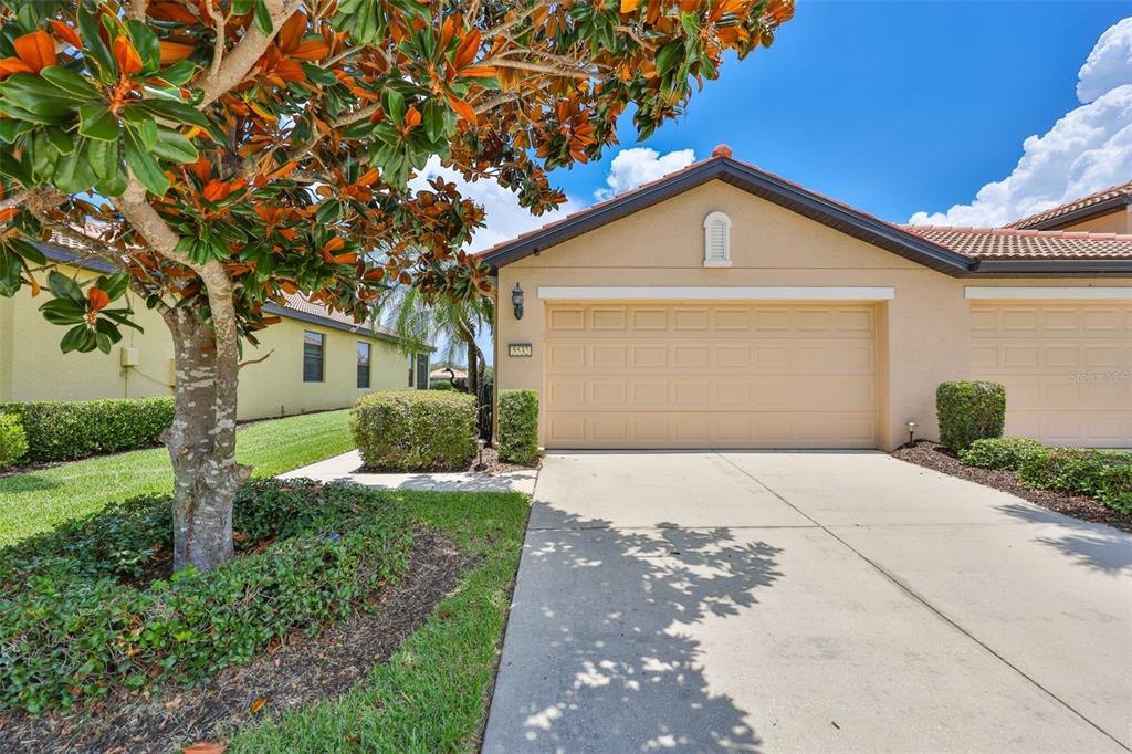 A tan stucco house with a two-car garage and a large tree in the front yard — 5532 SUNSET FALLS DRIVE, APOLLO BEACH, FL
