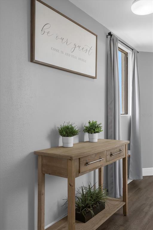 A wooden console table with plants sits against a gray wall under a sign — 6165 CARRIER DRIVE UNIT 2901, ORLANDO, FL