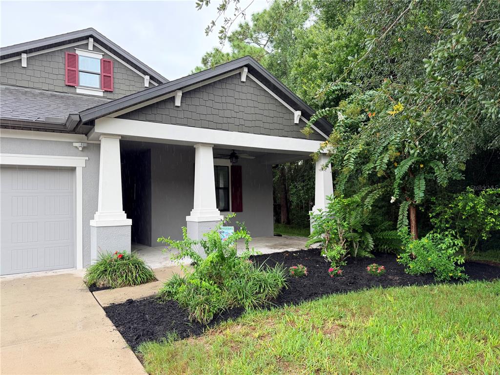 A single-story house with a gray garage, a covered front porch, and a weeping tree — 8429 AUBURN RISE COURT, LAND O LAKES, FL