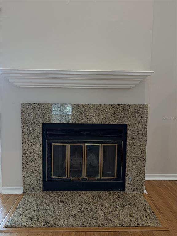 A fireplace with a granite surround and hearth sits below a white mantel — 3156 VALLEY OAKS DRIVE UNIT 614, TAMPA, FL