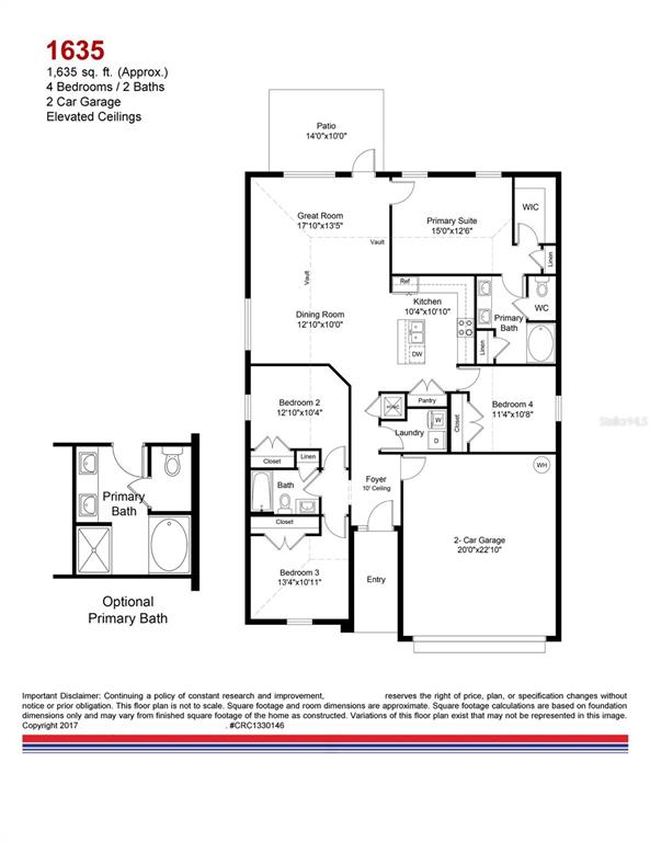This floor plan shows a four-bedroom, two-bath home layout with a two-car garage — 4457 SW 91ST LANE ROAD, OCALA, FL