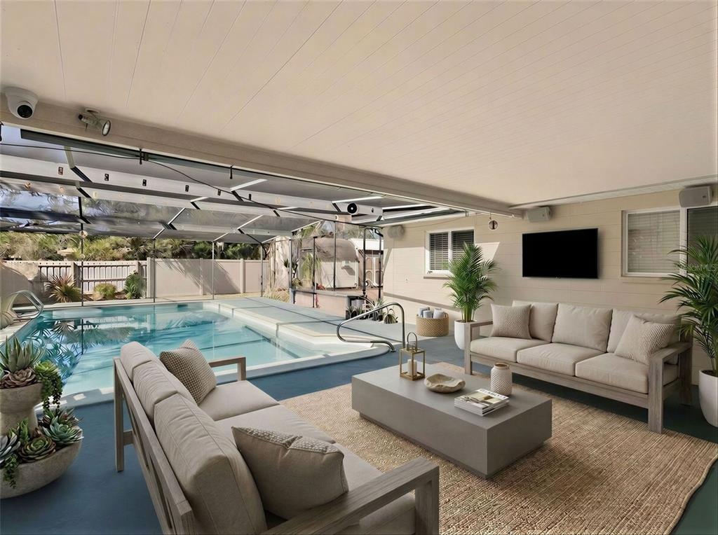 A covered patio features a swimming pool, two beige sofas, and a central coffee table — 1231 NEWPORT AVENUE, LAKELAND, FL
