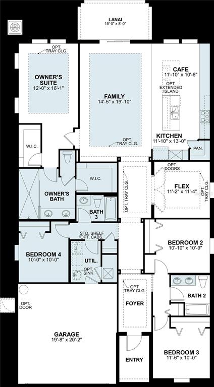 This is a floor plan for a four-bedroom home with a garage, lanai, and open kitchen — 7635 PAINTED SKY PLACE, LAND O LAKES, FL