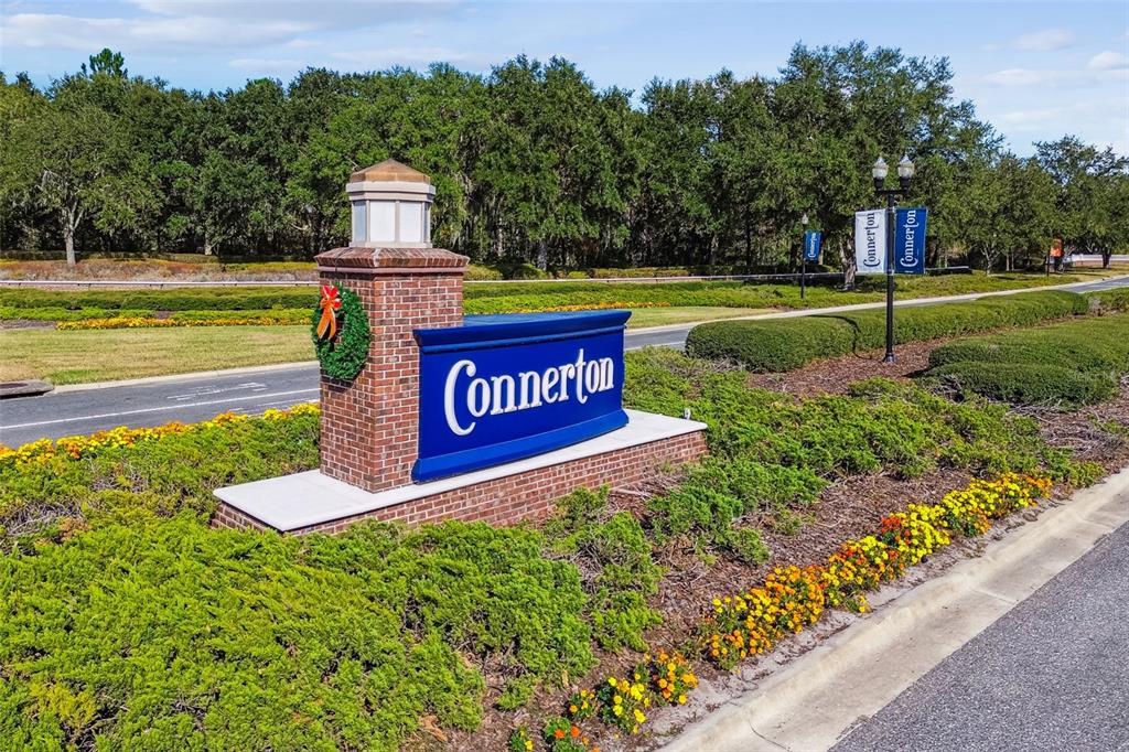 A brick monument sign with a blue logo sits in a landscaped garden bed — 7635 PAINTED SKY PLACE, LAND O LAKES, FL