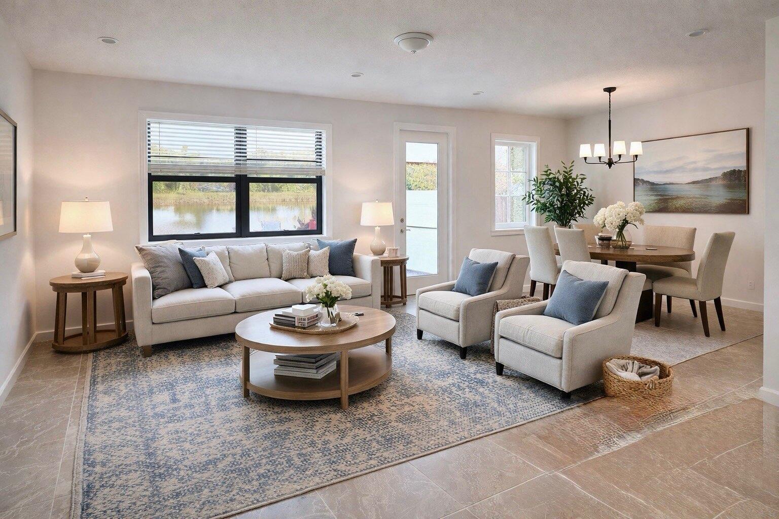 A bright living and dining area features a neutral sofa, armchairs, and a round table — 7783 SW Bentley Lane, Stuart FL 34997, STUART, FL