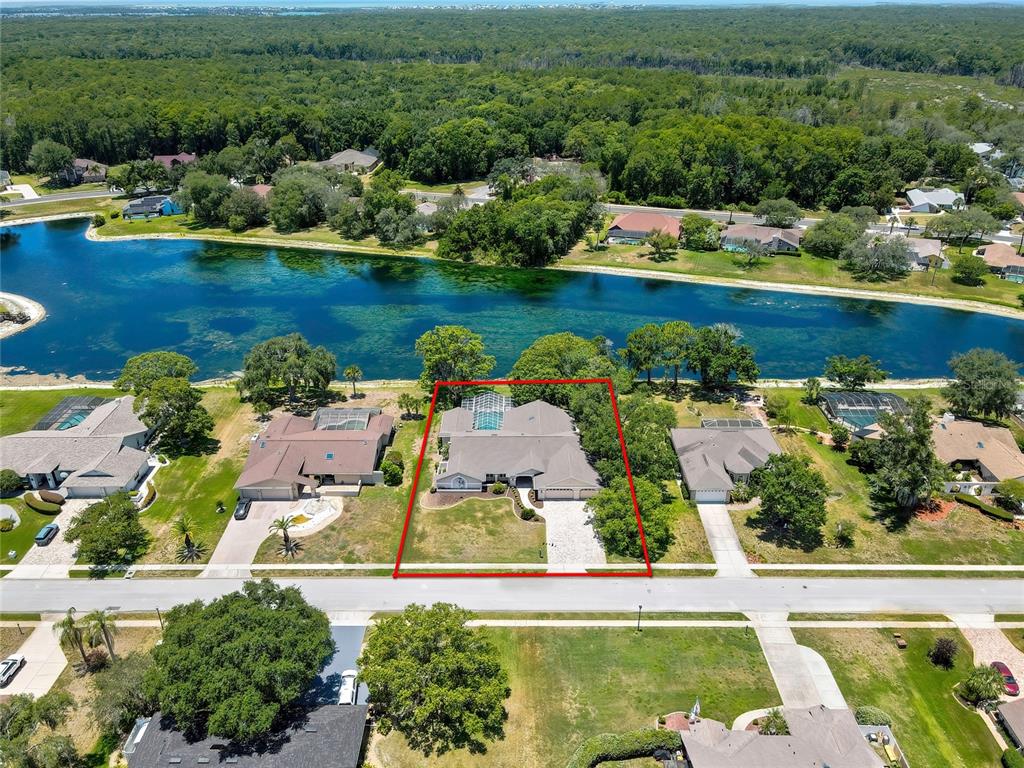 An aerial view shows a single-story house with a pool cage beside a lake — 4293 RIVER BIRCH DRIVE, SPRING HILL, FL