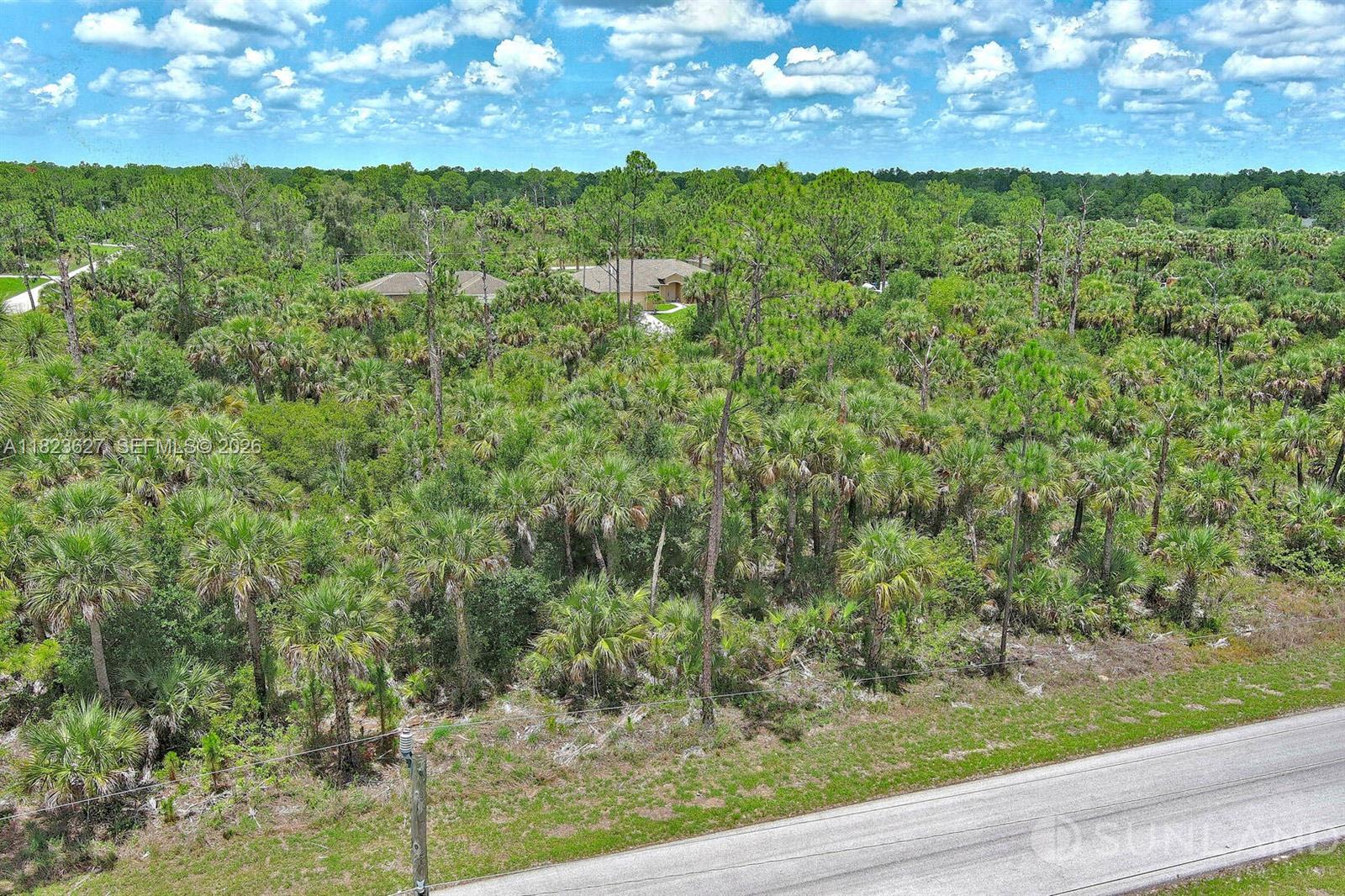 An aerial view shows a wooded lot with a house visible in the background — 134 S NAVARRA AVE, Lehigh Acres FL 33974, LEHIGH ACRES, FL