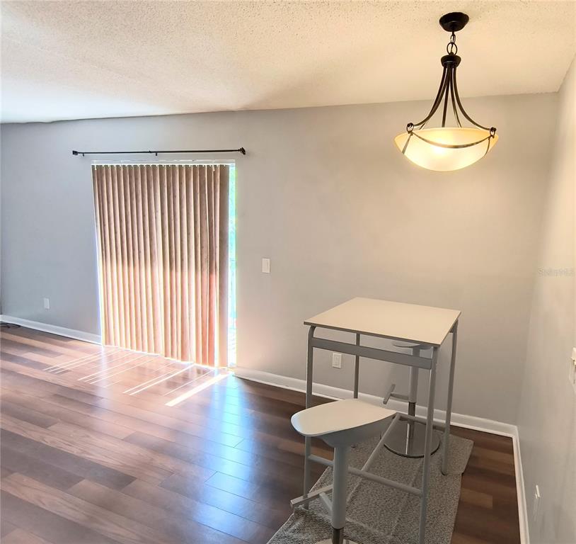 A dining area features wood-look flooring, a modern pendant light, and sliding glass patio doors — 201 S ARRAWANA AVENUE UNIT L, TAMPA, FL