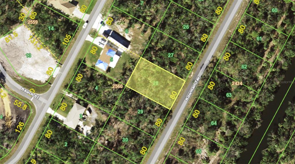 This is an aerial map showing a highlighted vacant lot located along a paved road — 1059 BOWMAN TERRACE, PORT CHARLOTTE, FL