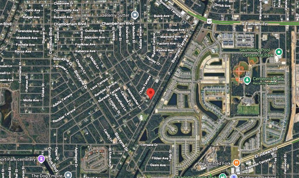 This is a satellite map view of a residential neighborhood in Port Charlotte, Florida — 1059 BOWMAN TERRACE, PORT CHARLOTTE, FL