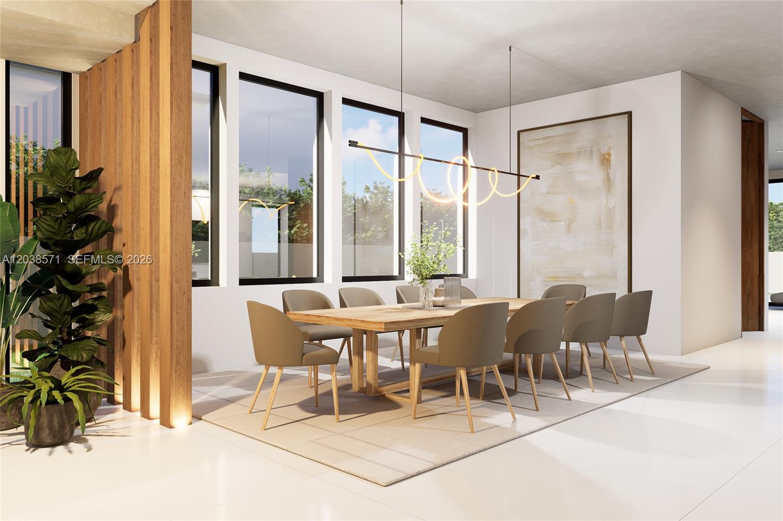 This is a rendering of a modern dining room featuring a wooden table and chairs — 870 E Palm Ave E, Boca Raton FL 33432, BOCA RATON, FL