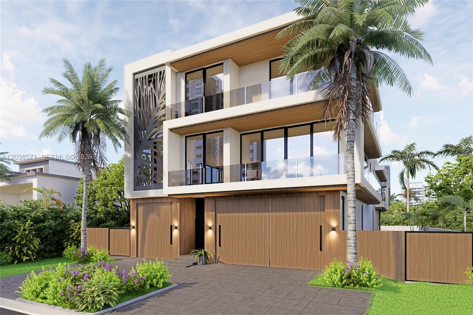 This is a rendering of a modern three-story home with wood accents and glass balconies — 870 E Palm Ave E, Boca Raton FL 33432, BOCA RATON, FL