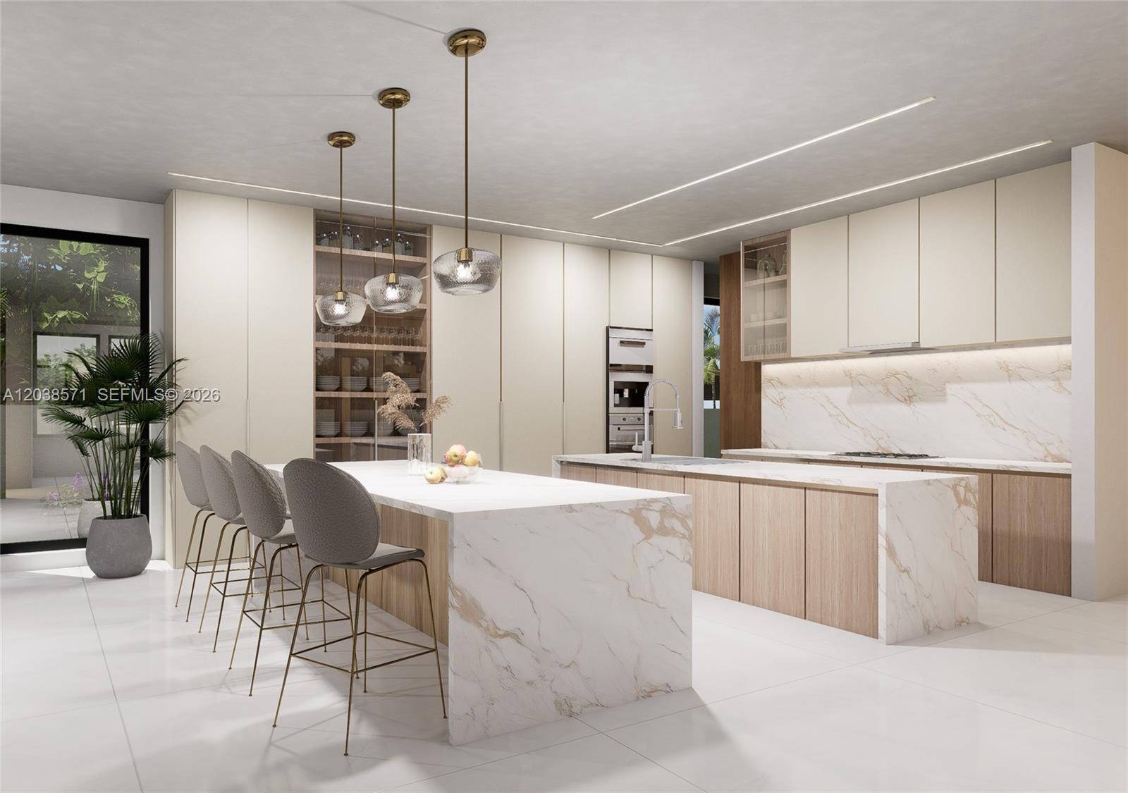 This is a rendering of a modern kitchen featuring marble islands, light wood cabinetry, and pendant lighting — 870 E Palm Ave E, Boca Raton FL 33432, BOCA RATON, FL