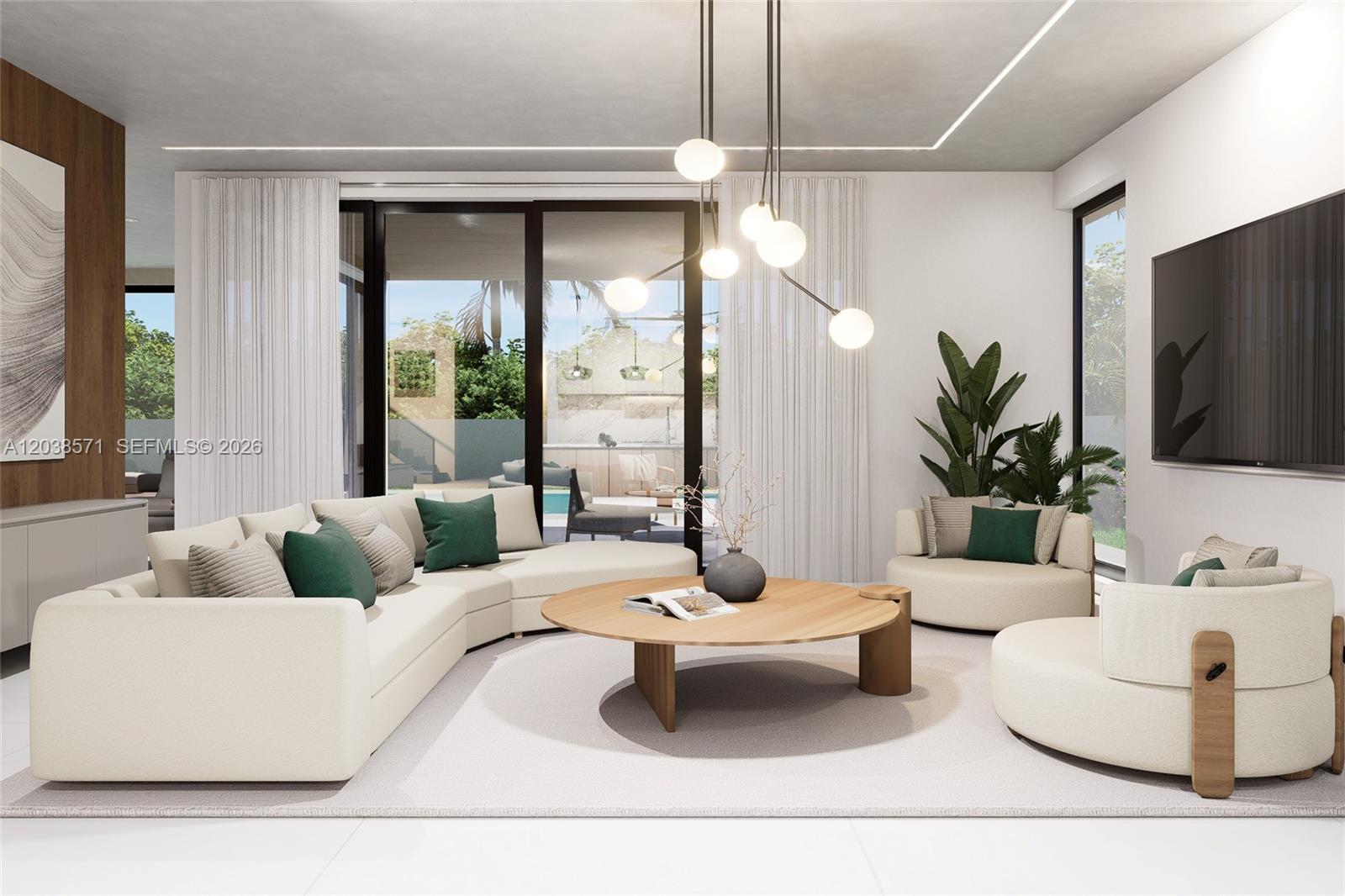 This rendering shows a modern living room with a curved sofa, round coffee table, and chandelier — 870 E Palm Ave E, Boca Raton FL 33432, BOCA RATON, FL