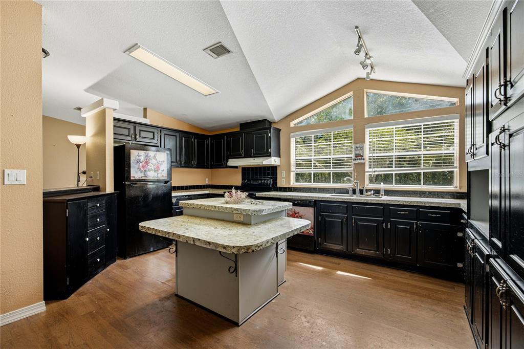 A kitchen features black cabinetry, a tiered granite island, and large windows under a vaulted ceiling — 819 LENORE AVENUE, INTERLACHEN, FL