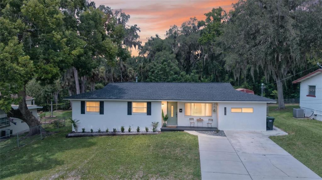 A single-story white house with a dark roof, green front door, and a concrete driveway — 1428 SE 9TH AVENUE, OCALA, FL