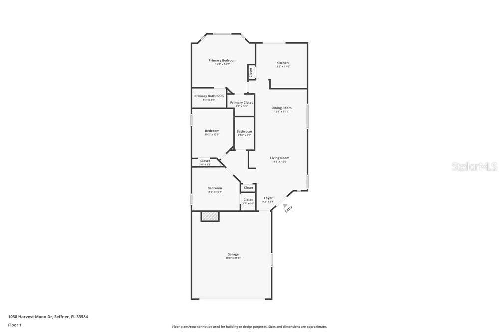 This is a floor plan for a single-story house with a garage and three bedrooms — 1038 HARVEST MOON DRIVE, SEFFNER, FL